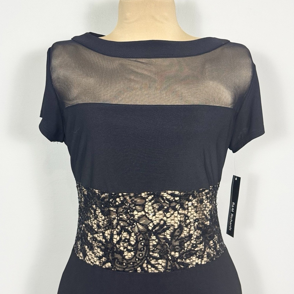 NWT R&M Richards Black Nude Sequin Inset Short Sleeve Midi Flare Dress 14 Party - Picture 3 of 11